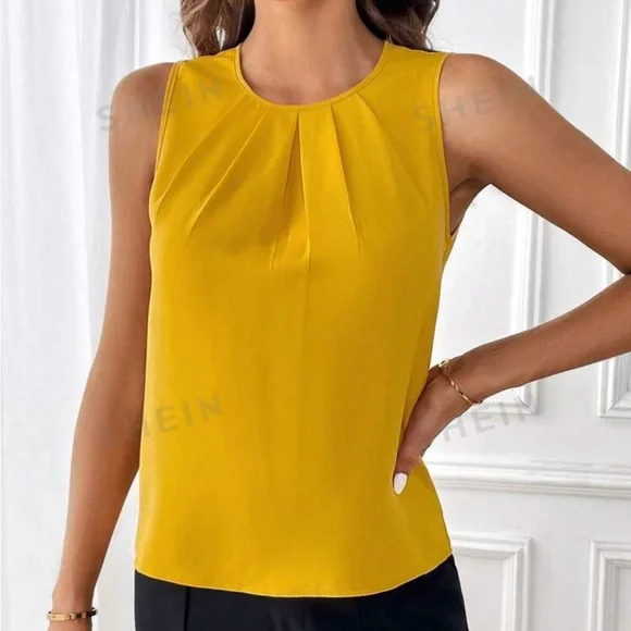 NWT Shein Clasi Solid Fold Pleated Detail Sleeveless Blouse - Picture 2 of 6